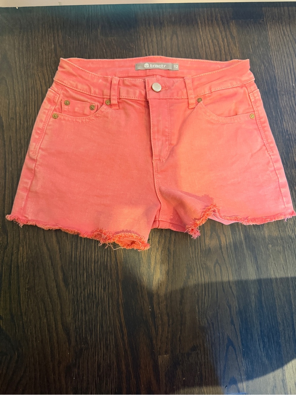 Tractr Coral Pink Distressed Hem Denim Shorts